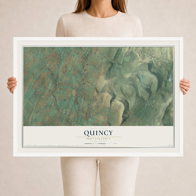 Map of Quincy, Pennsylvania, 24 x 36 inch print in a white wood frame