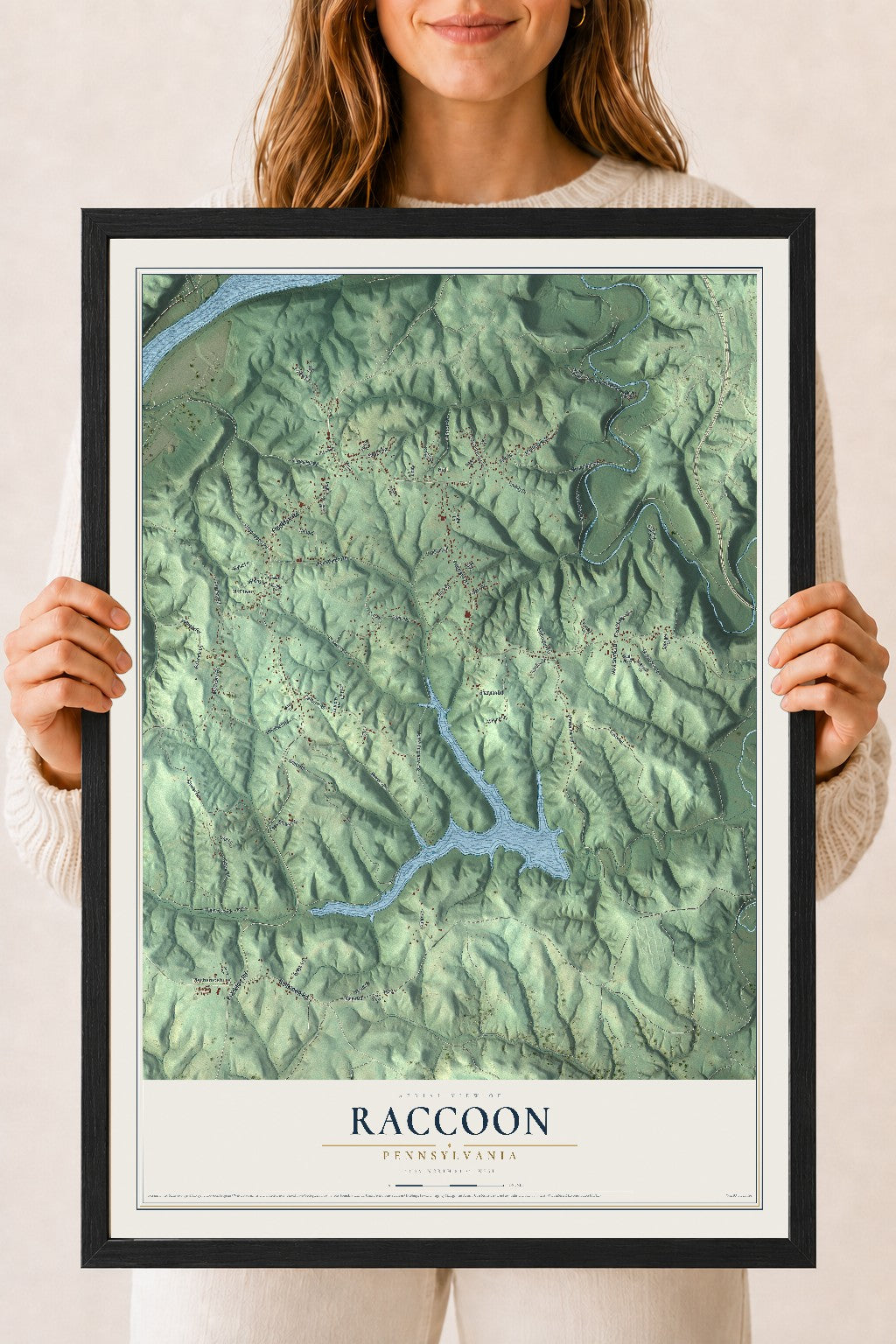 Map of Raccoon, Pennsylvania, 18 x 24 inch print in a black wood frame