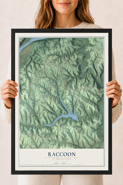 Map of Raccoon, Pennsylvania, 18 x 24 inch print in a black wood frame