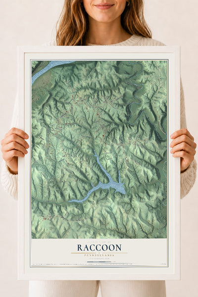 Map of Raccoon, Pennsylvania, 18 x 24 inch print in a white wood frame
