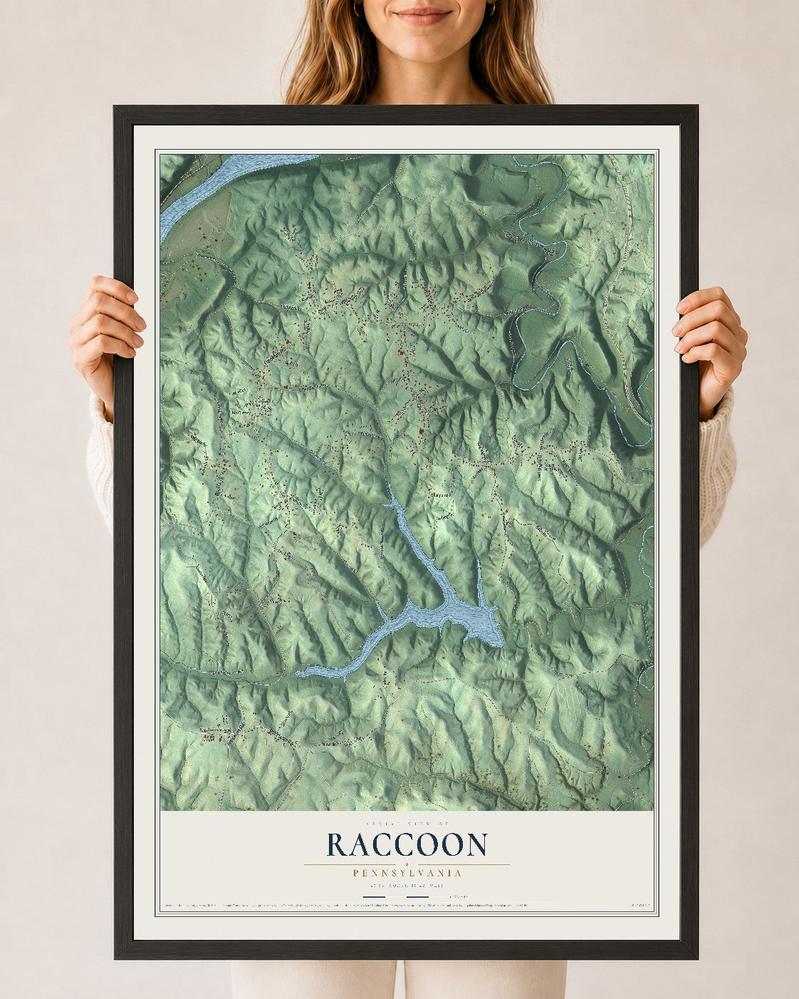 Map of Raccoon, Pennsylvania, 24 x 36 inch print in a black wood frame