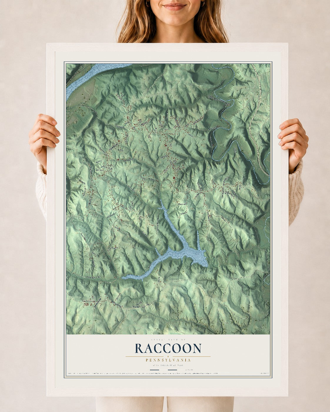Map of Raccoon, Pennsylvania, 24 x 36 inch print in a white wood frame