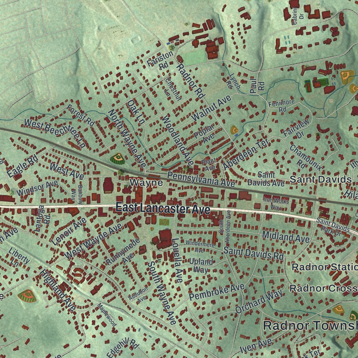 Close-up of the map of Radnor, Pennsylvania print showing street and building detail