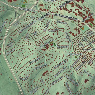 Second close-up of the map of Radnor, Pennsylvania print showing more streets and buildings