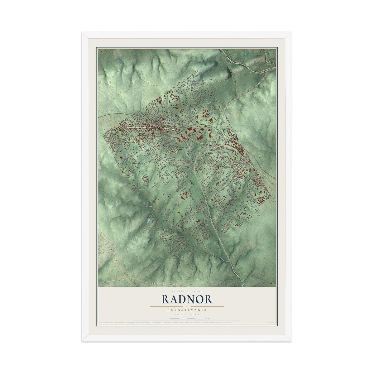 Map of Radnor, Pennsylvania, 12 x 18 inch print in a white wood frame