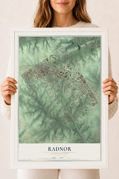 Map of Radnor, Pennsylvania, 18 x 24 inch print in a white wood frame