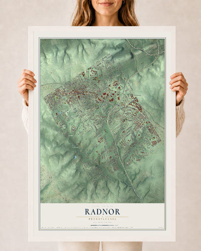 Map of Radnor, Pennsylvania, 24 x 36 inch print in a white wood frame