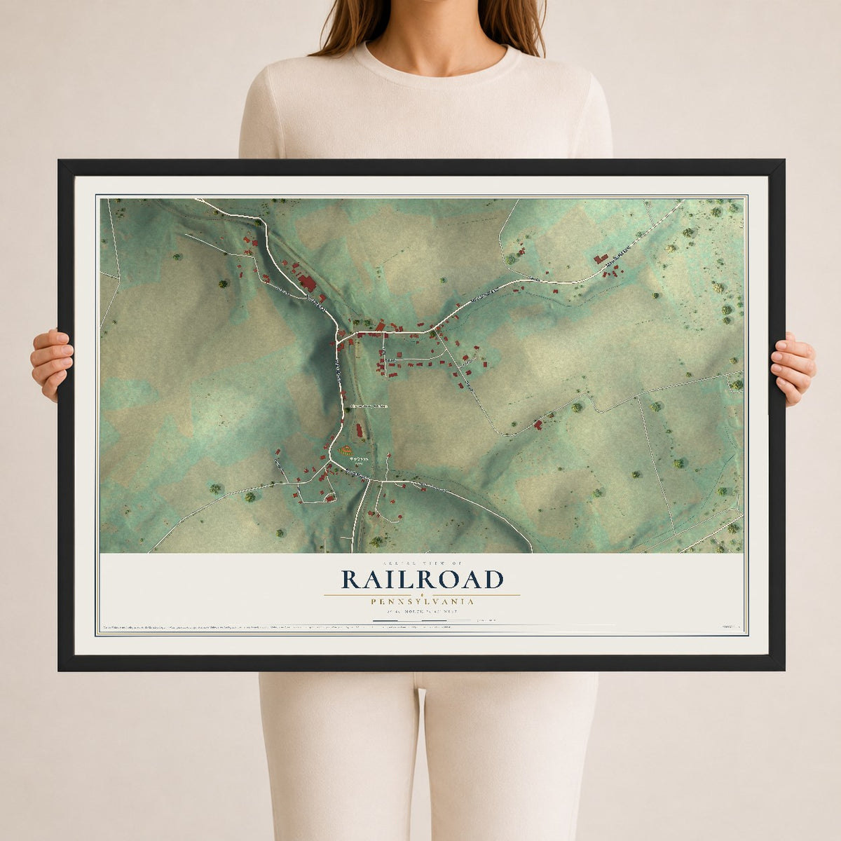 Map of Railroad, Pennsylvania, 24 x 36 inch print in a black wood frame