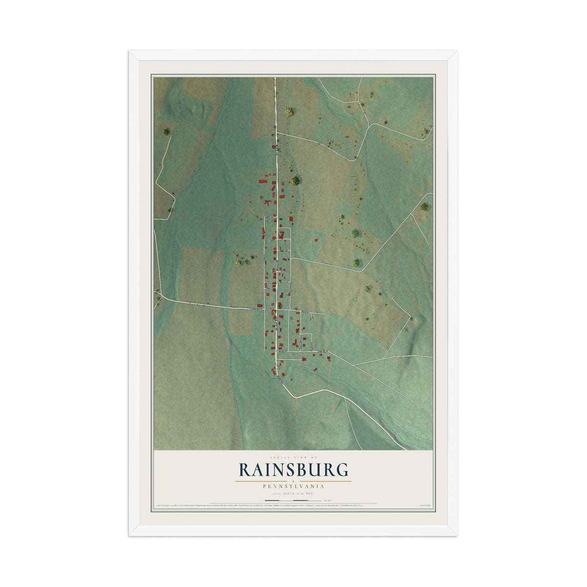 Map of Rainsburg, Pennsylvania, 12 x 18 inch print in a white wood frame