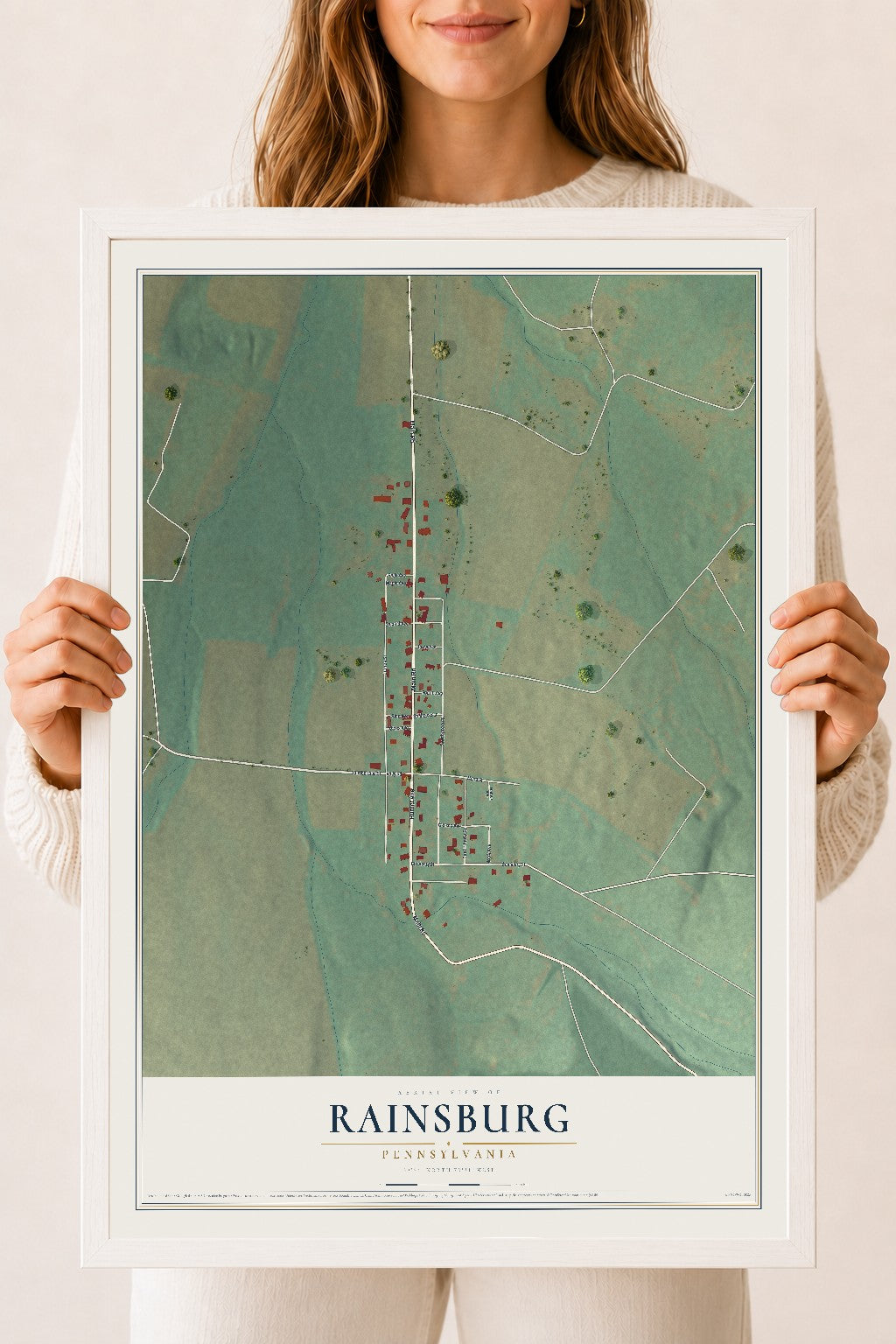 Map of Rainsburg, Pennsylvania, 18 x 24 inch print in a white wood frame