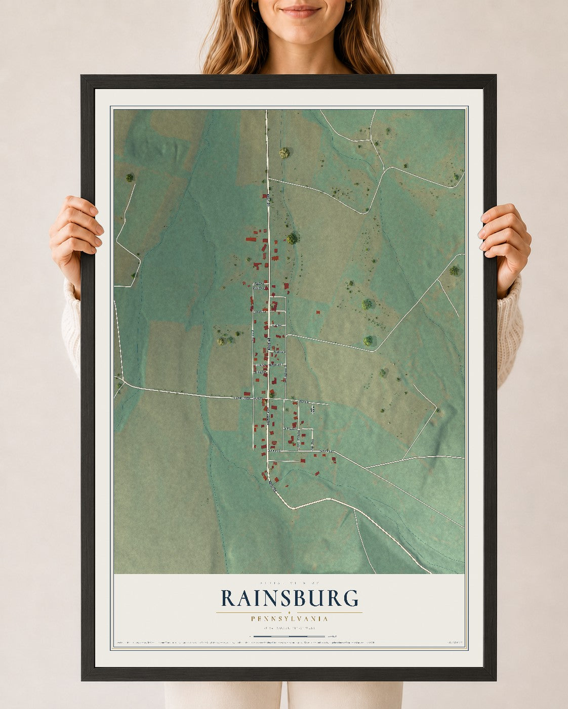 Map of Rainsburg, Pennsylvania, 24 x 36 inch print in a black wood frame