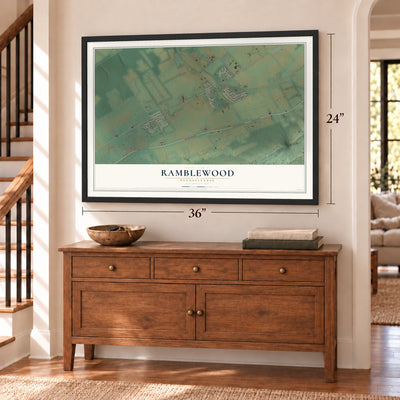 Ramblewood, Pennsylvania map, 24 x 36 inch print in a black frame above a dresser by a staircase