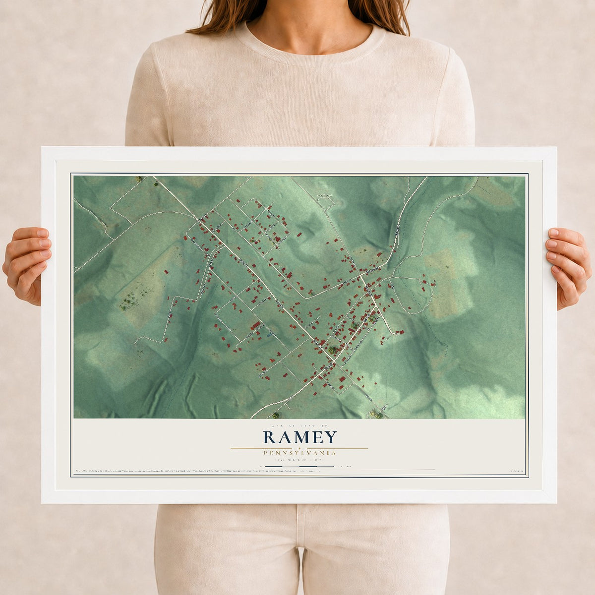 Map of Ramey, Pennsylvania, 12 x 18 inch print in a white wood frame