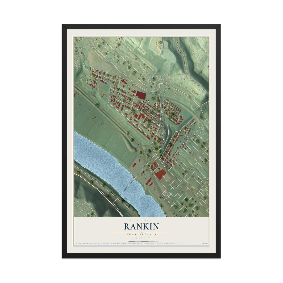 Map of Rankin, Pennsylvania, 12 x 18 inch print in a black wood frame
