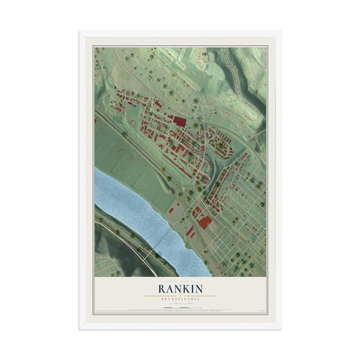 Map of Rankin, Pennsylvania, 12 x 18 inch print in a white wood frame