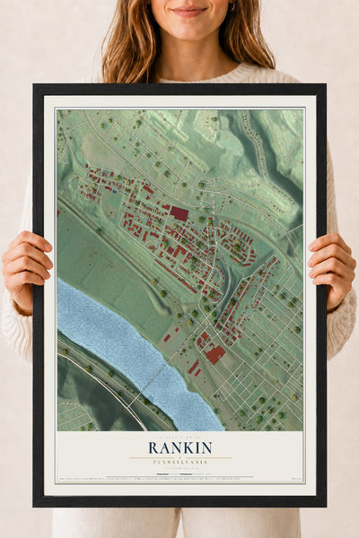 Map of Rankin, Pennsylvania, 18 x 24 inch print in a black wood frame