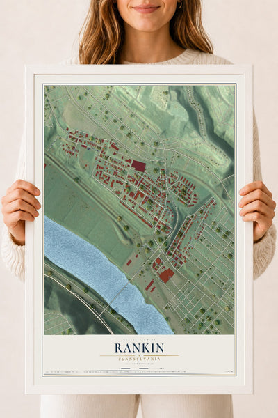 Map of Rankin, Pennsylvania, 18 x 24 inch print in a white wood frame