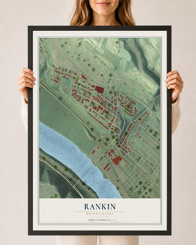 Map of Rankin, Pennsylvania, 24 x 36 inch print in a black wood frame