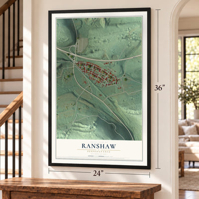 Ranshaw, Pennsylvania map, 24 x 36 inch print in a black frame by a staircase