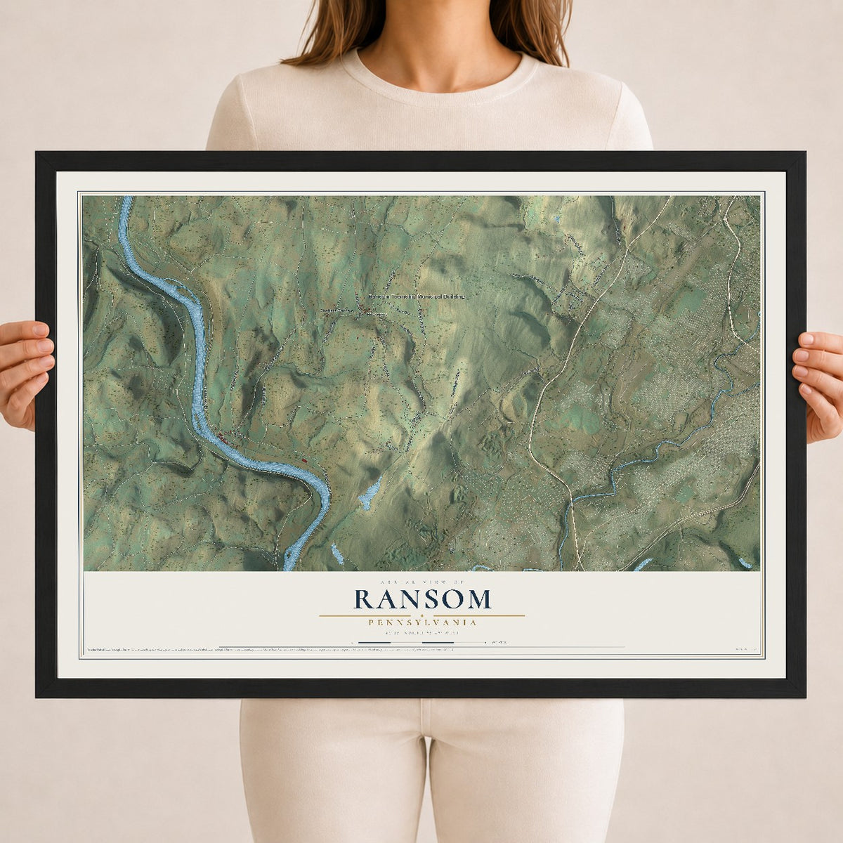 Map of Ransom, Pennsylvania, 18 x 24 inch print in a black wood frame