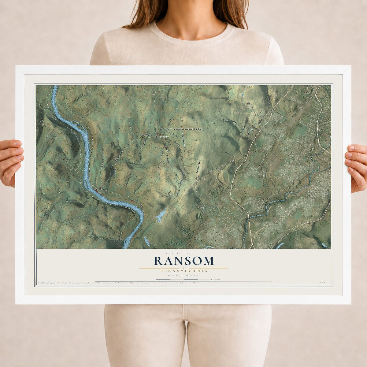 Map of Ransom, Pennsylvania, 18 x 24 inch print in a white wood frame