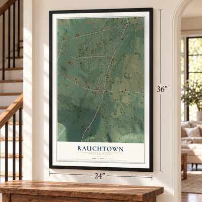 Rauchtown, Pennsylvania map, 24 x 36 inch print in a black frame by a staircase