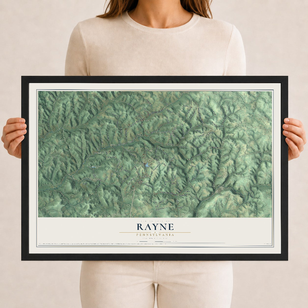 Map of Rayne, Pennsylvania, 12 x 18 inch print in a black wood frame