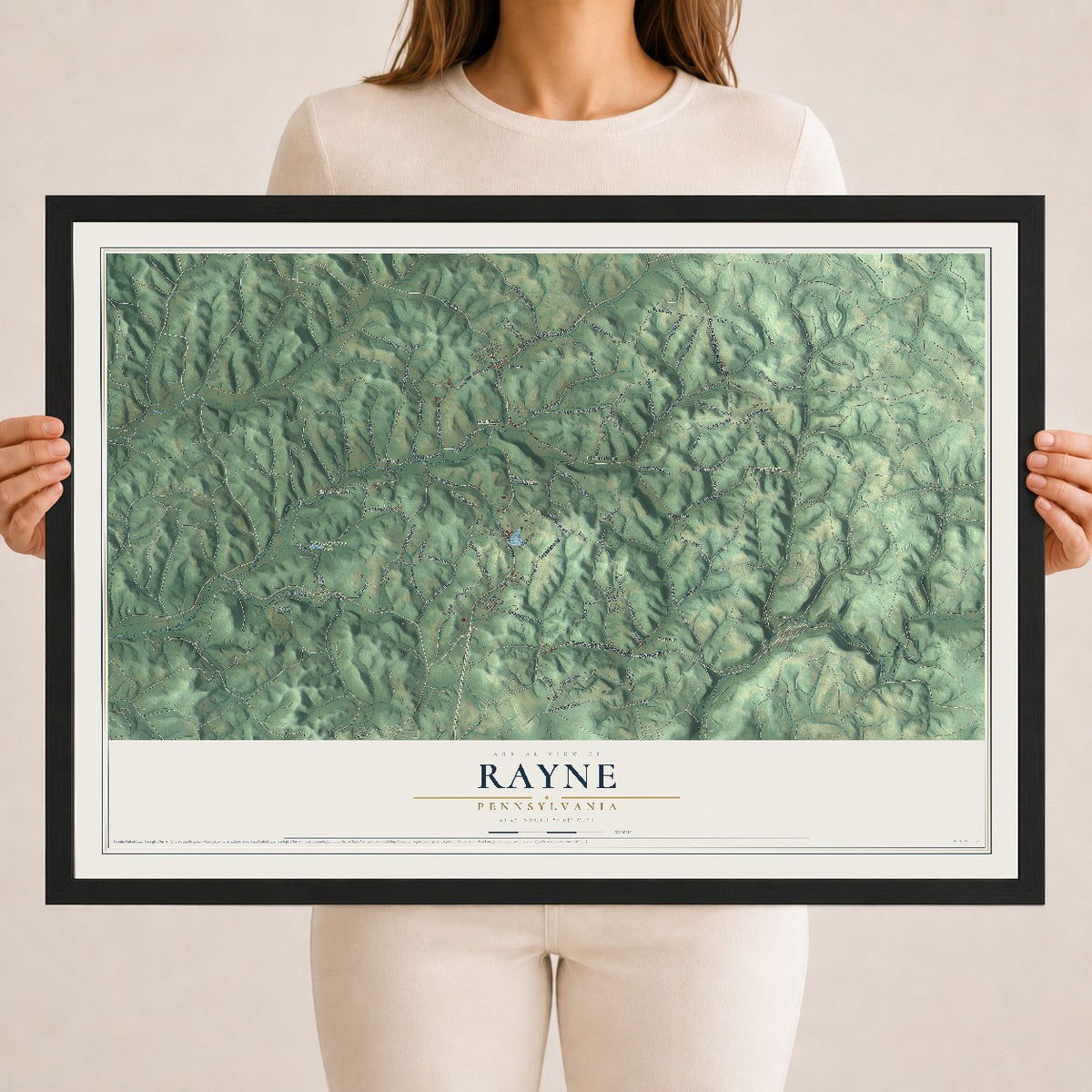 Map of Rayne, Pennsylvania, 18 x 24 inch print in a black wood frame