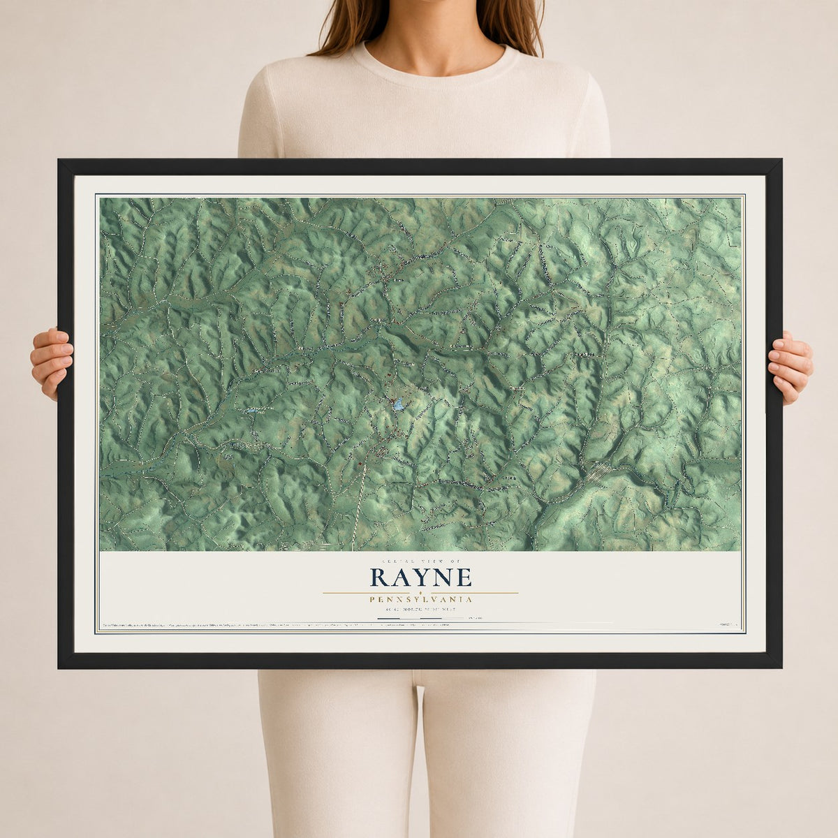 Map of Rayne, Pennsylvania, 24 x 36 inch print in a black wood frame
