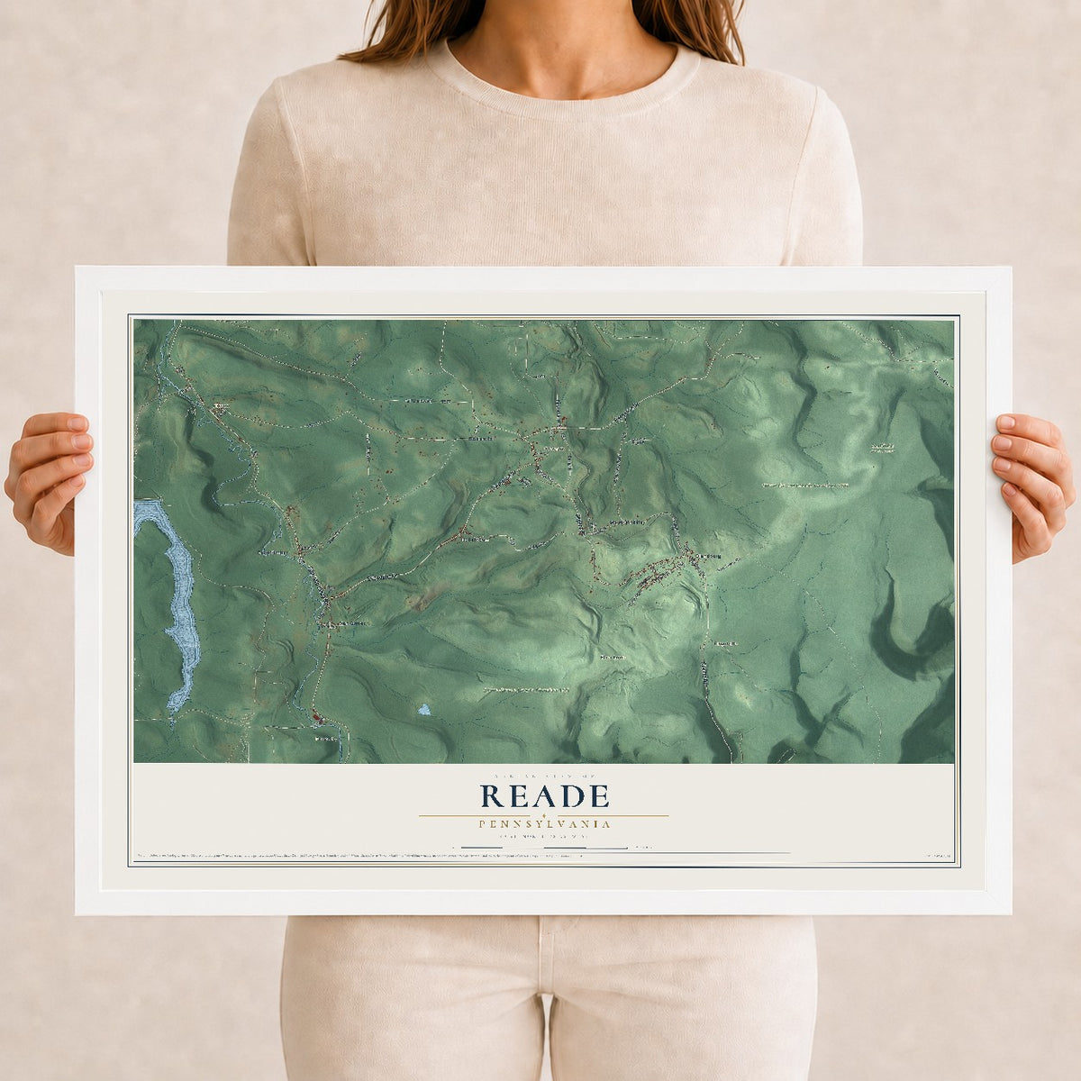 Map of Reade, Pennsylvania, 12 x 18 inch print in a white wood frame