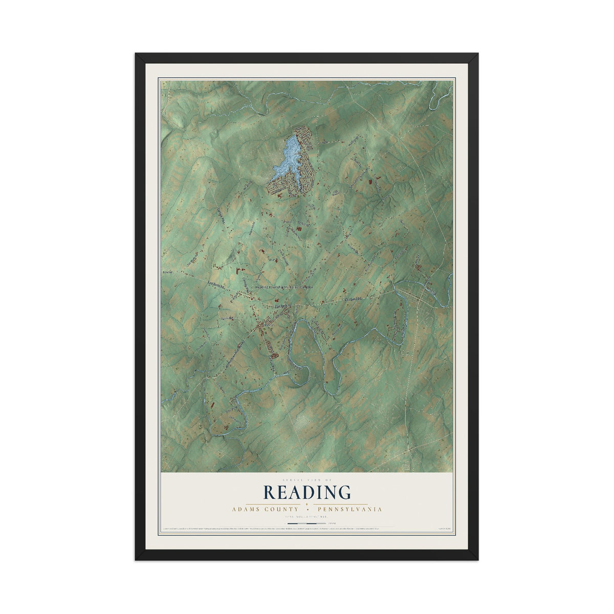 Map of Reading, Adams County, Pennsylvania, 12 x 18 inch print in a black wood frame