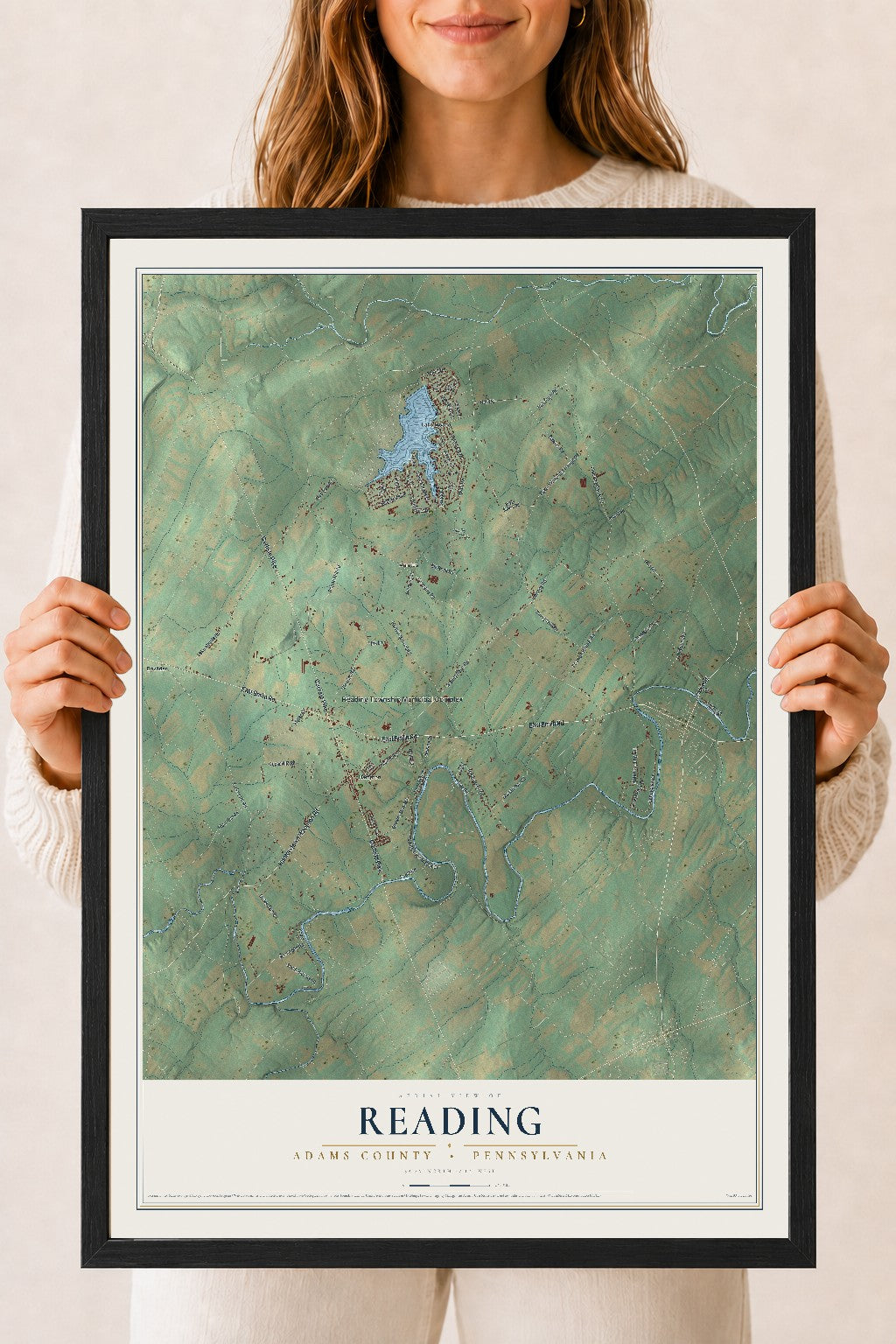 Map of Reading, Adams County, Pennsylvania, 18 x 24 inch print in a black wood frame