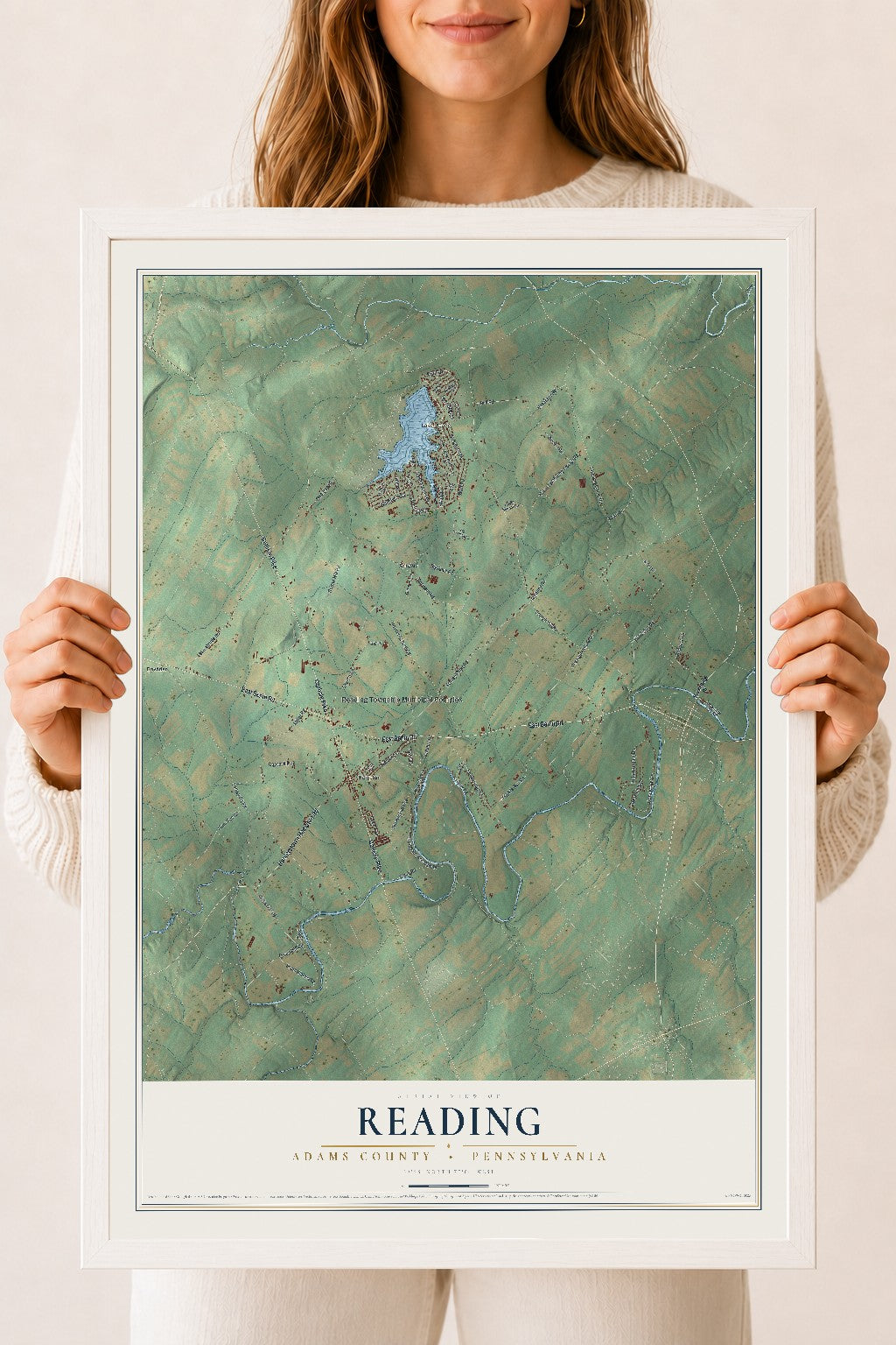 Map of Reading, Adams County, Pennsylvania, 18 x 24 inch print in a white wood frame