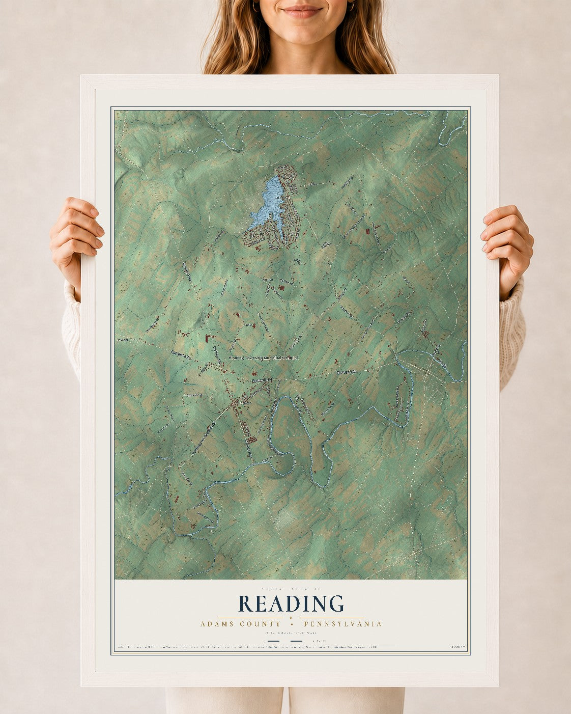Map of Reading, Adams County, Pennsylvania, 24 x 36 inch print in a white wood frame