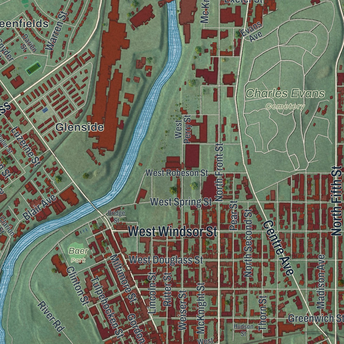 Second close-up of the map of Reading, Berks County, Pennsylvania print showing more streets and buildings