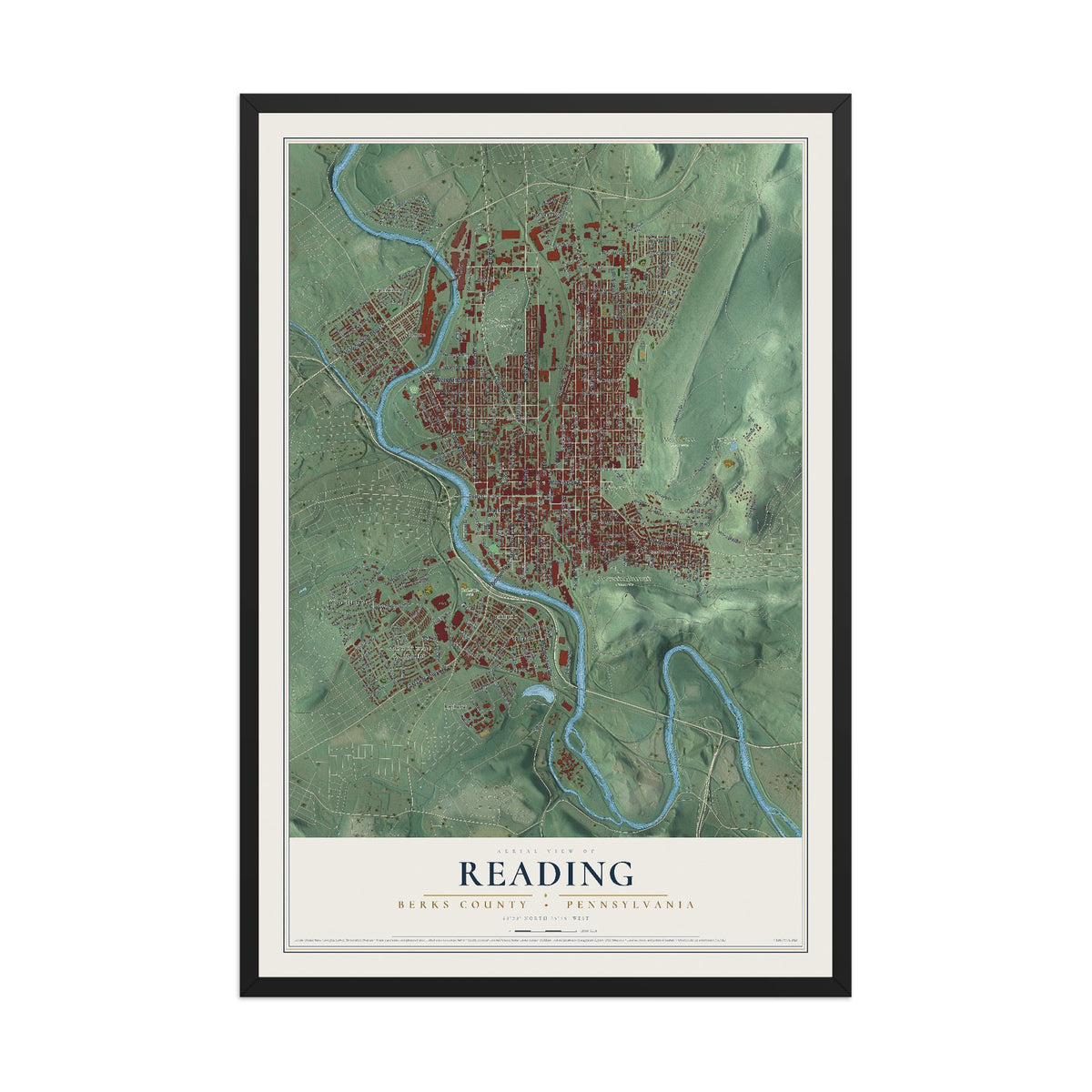 Map of Reading, Berks County, Pennsylvania, 12 x 18 inch print in a black wood frame