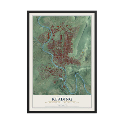 Map of Reading, Berks County, Pennsylvania, 12 x 18 inch print in a black wood frame