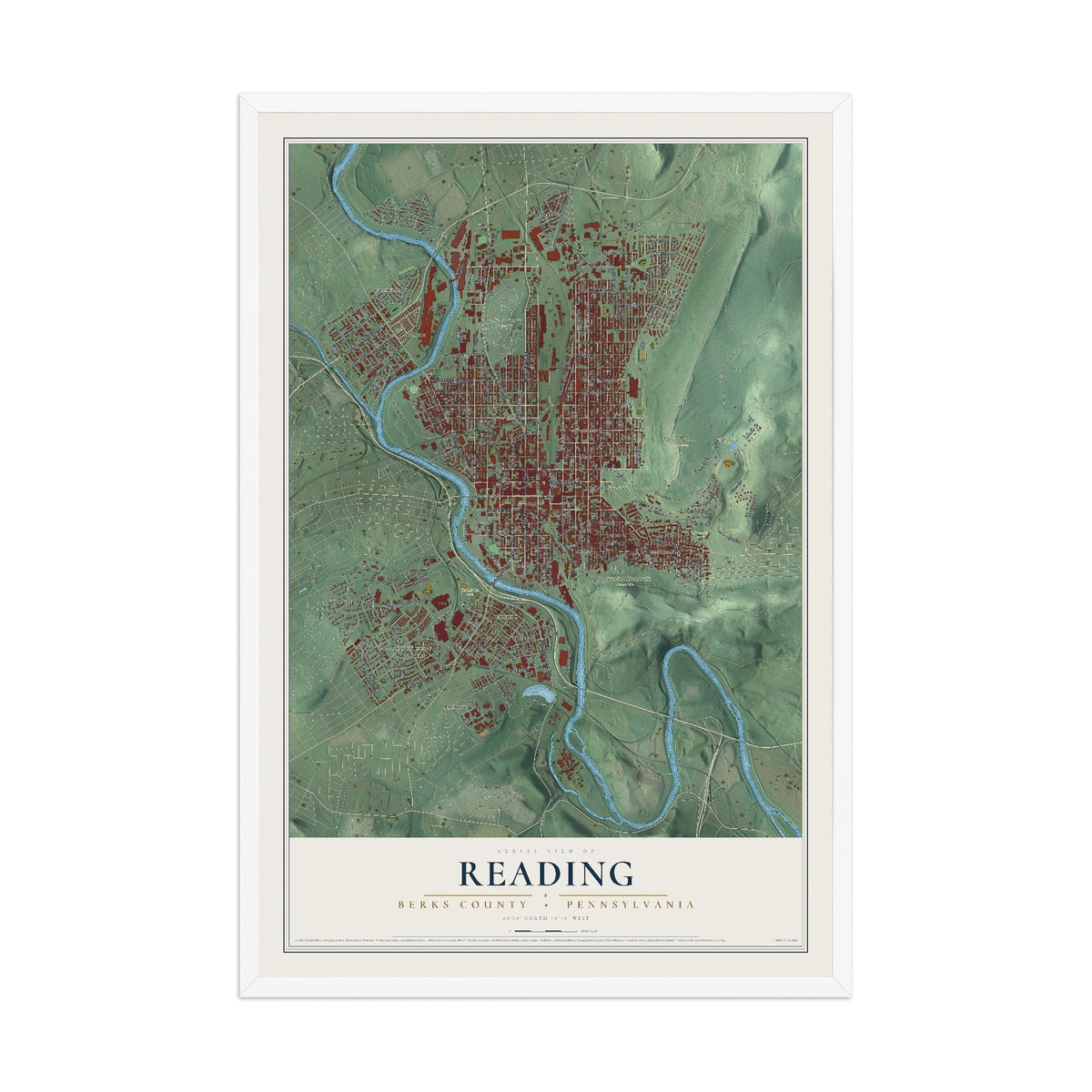 Map of Reading, Berks County, Pennsylvania, 12 x 18 inch print in a white wood frame