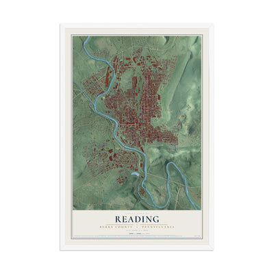 Map of Reading, Berks County, Pennsylvania, 12 x 18 inch print in a white wood frame