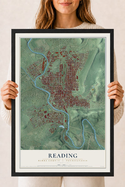Map of Reading, Berks County, Pennsylvania, 18 x 24 inch print in a black wood frame