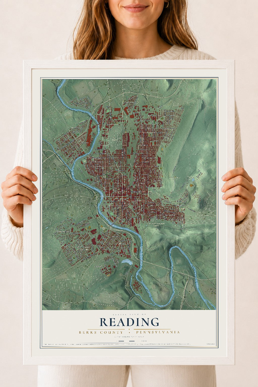 Map of Reading, Berks County, Pennsylvania, 18 x 24 inch print in a white wood frame