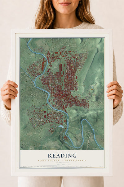 Map of Reading, Berks County, Pennsylvania, 18 x 24 inch print in a white wood frame