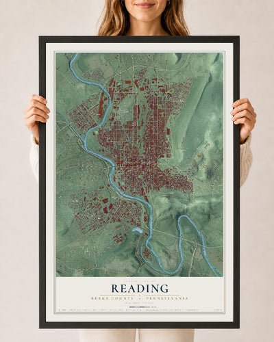 Map of Reading, Berks County, Pennsylvania, 24 x 36 inch print in a black wood frame
