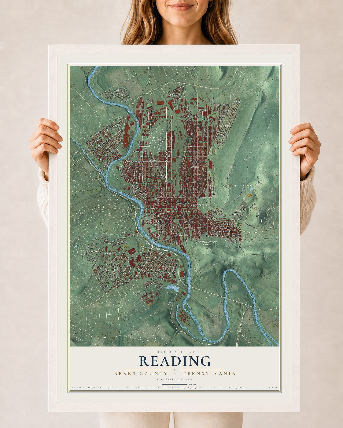 Map of Reading, Berks County, Pennsylvania, 24 x 36 inch print in a white wood frame