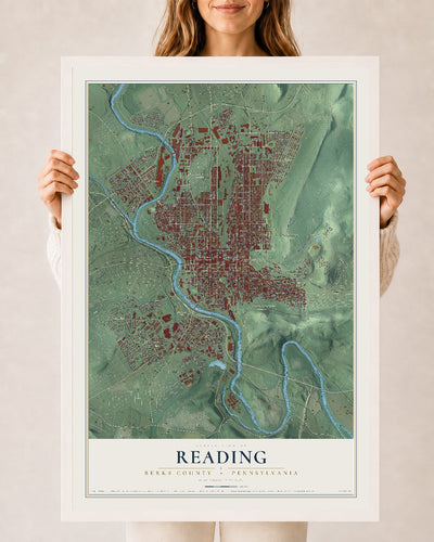Map of Reading, Berks County, Pennsylvania, 24 x 36 inch print in a white wood frame