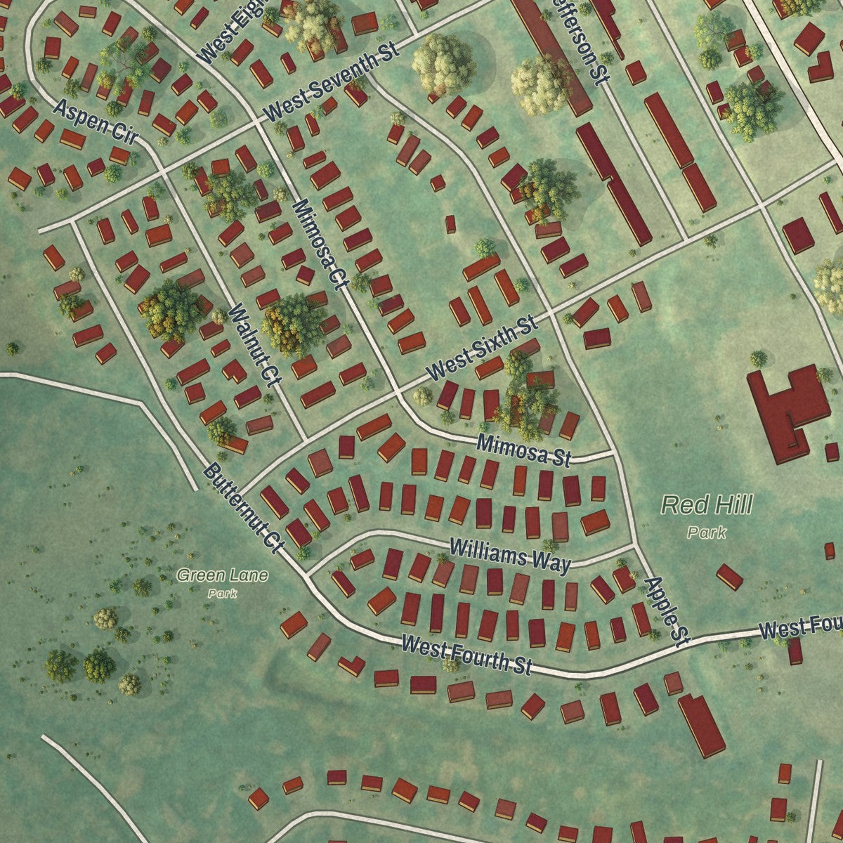Close-up of the map of Red Hill, Pennsylvania print showing street and building detail