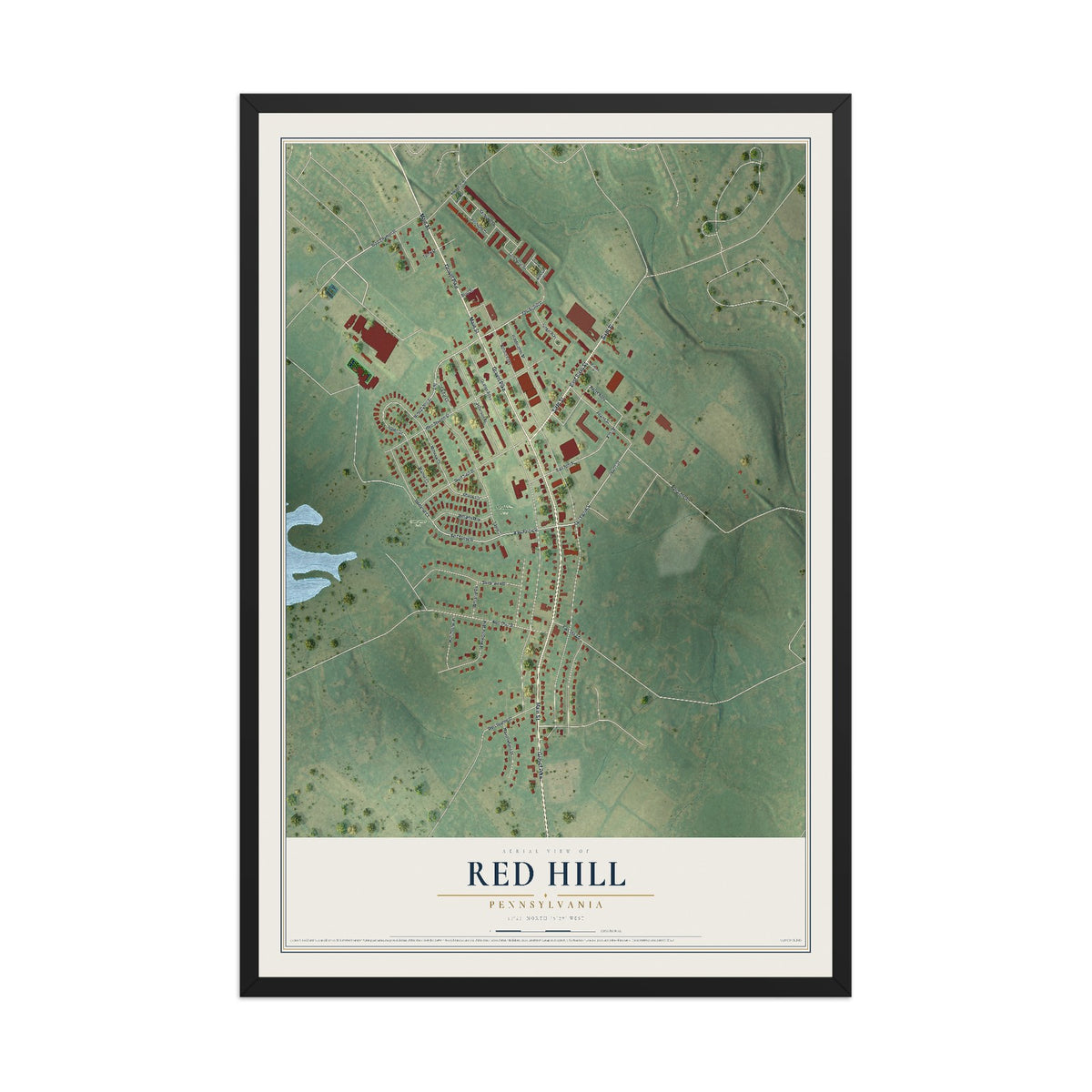 Map of Red Hill, Pennsylvania, 12 x 18 inch print in a black wood frame