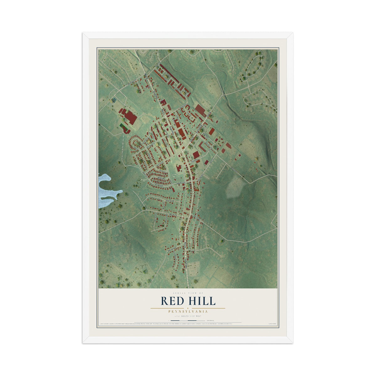 Map of Red Hill, Pennsylvania, 12 x 18 inch print in a white wood frame