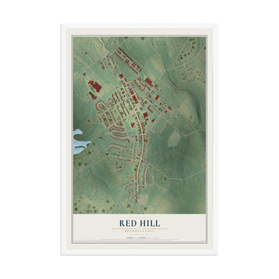 Map of Red Hill, Pennsylvania, 12 x 18 inch print in a white wood frame