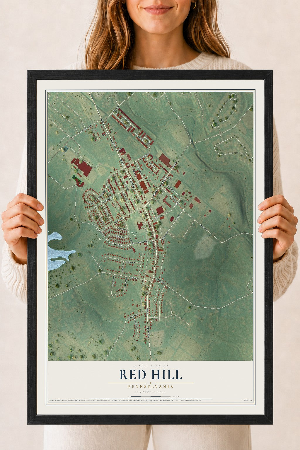 Map of Red Hill, Pennsylvania, 18 x 24 inch print in a black wood frame